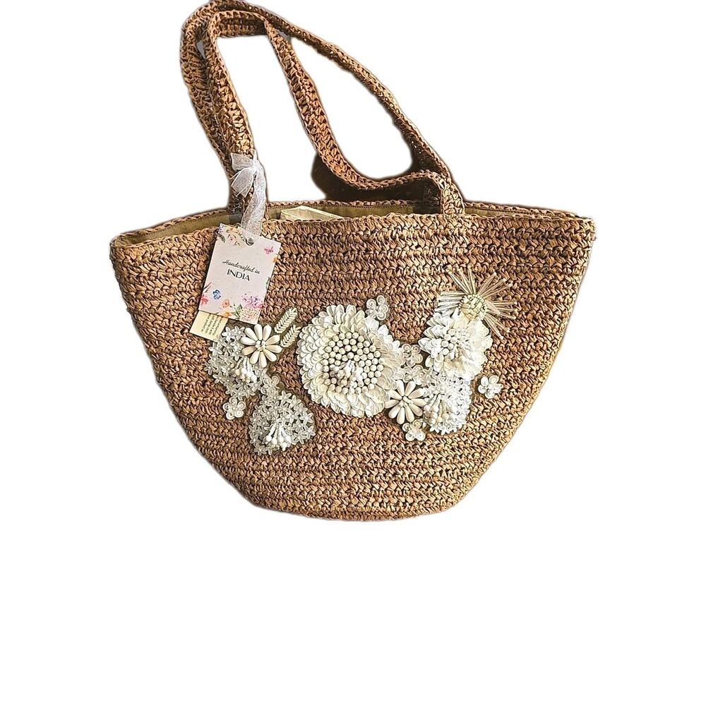 NWT Brown Floral Viral Beaded Handcrafted Made India Woven Tote Shoulder Handbag